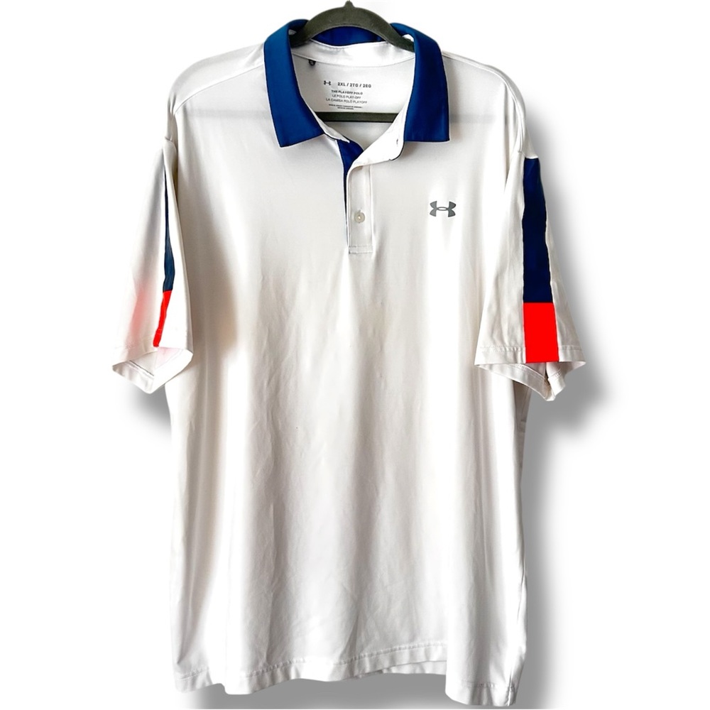 Under Armour The Playoff Polo Golf Shirt White Blue Coral Short Sleeve Men’s 2XL